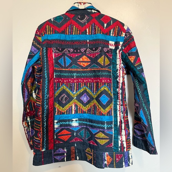 Chicos Design Vintage Embroidered Artsy Silk Patchwork Denim Jacket - Picture 11 of 11